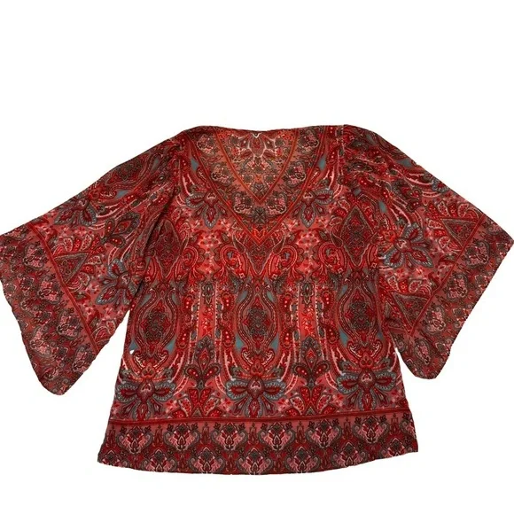Belle by Kim Gravel Size XXS Paisley Print Bell Sleeve Blouse Top Side Slit NEW - Picture 3 of 15